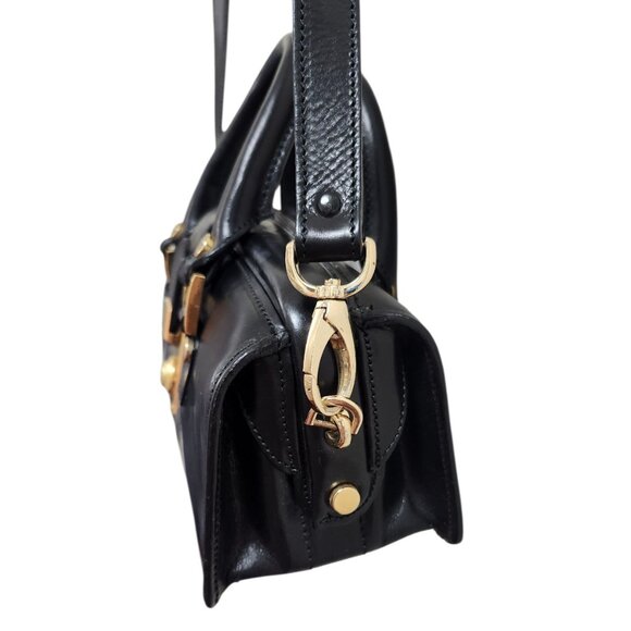 Francesco Rogani Black Leather Structured Handbag Gold Hardware Top Handle - Picture 7 of 16
